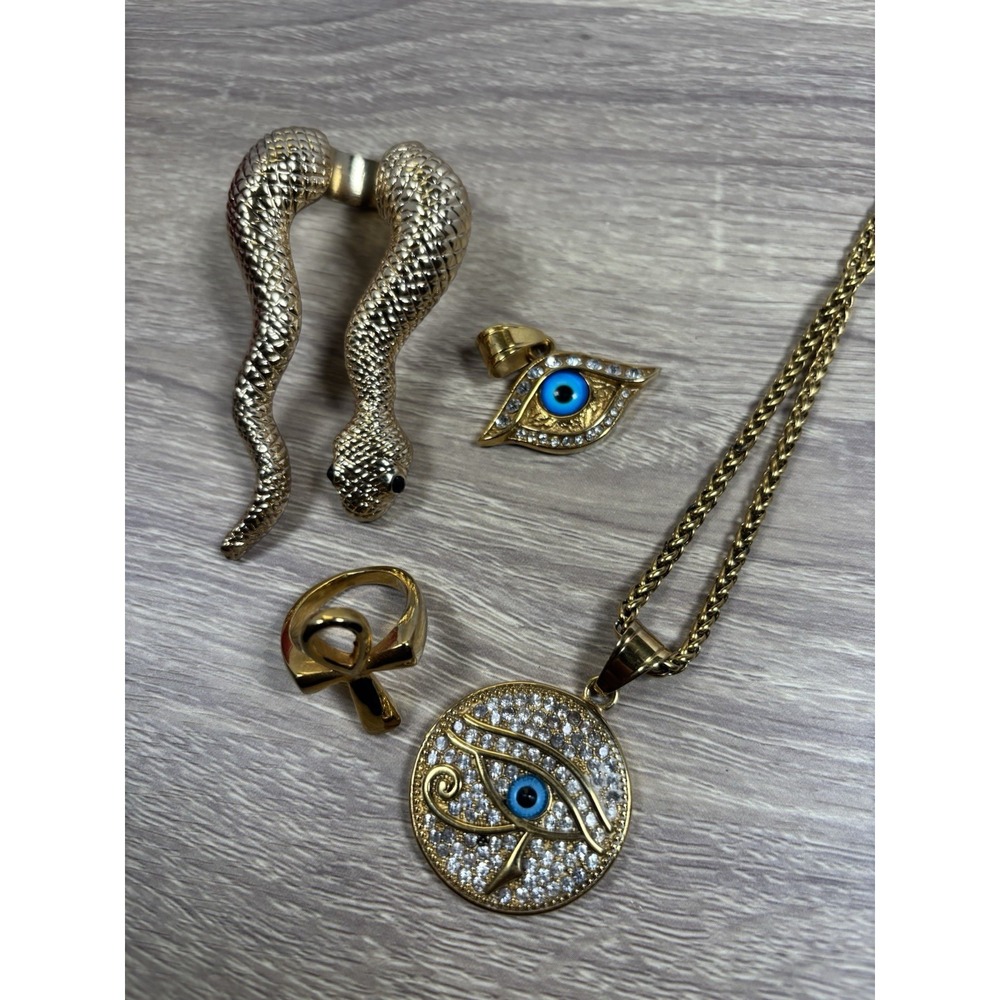 Gold Tone Egyptian Jewelry Lot Snake Two Finger Ring Ankh Eye of Horus Necklace
